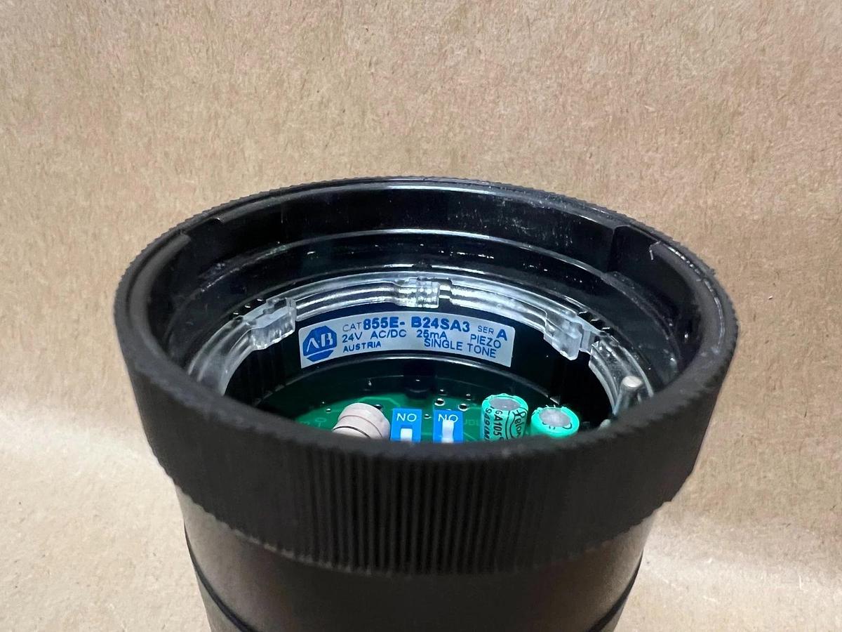 Used Allen Bradley 855E-24TL4 Red Stack Light w/ 855E-B24SA3 Alarm and 855E-BCB Base
