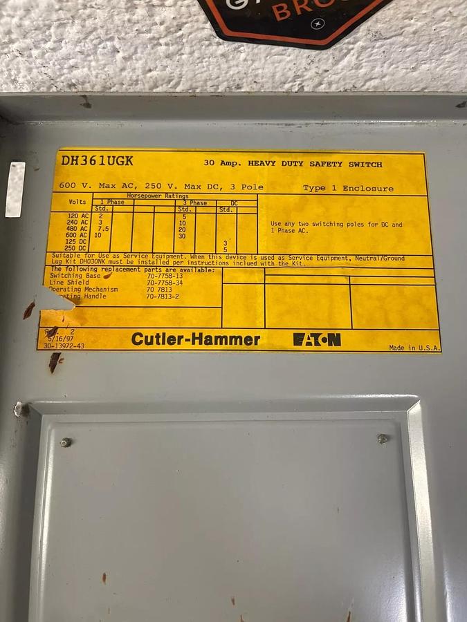 Used Eaton Cutler Hammer DH361UGK Heavy Duty Safety Switch, 30 A, 600 VAC, 3-pole