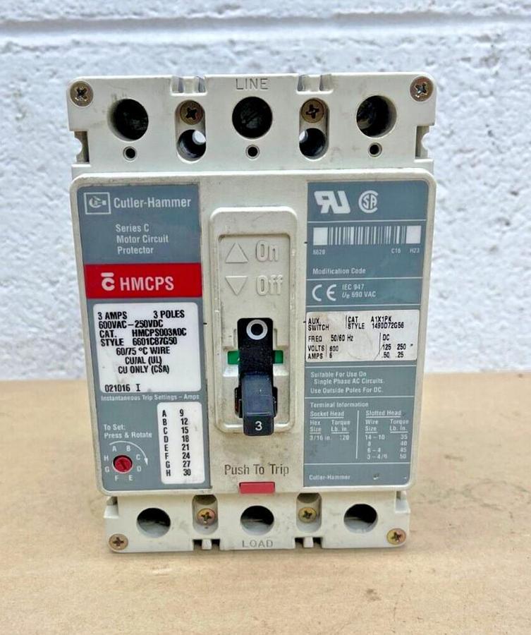 Used Cutler-Hammer HMCPS003A0C Motor Circuit Protector Ser C 3A 3 Poles 600VAC-250VDC