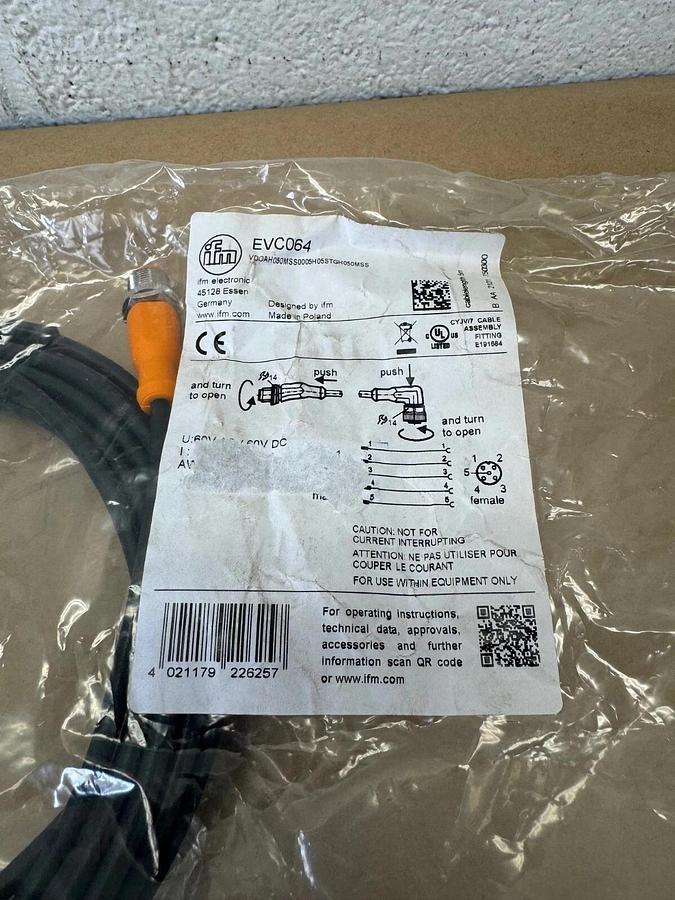 Used IFM Electronic EVC064 VDOAH05MSS0005H05STGH050MSS CYJV/7 Cable Assembly