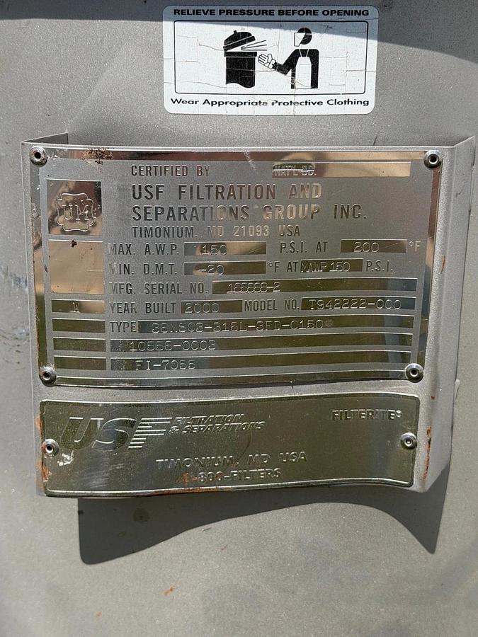 Used USF Filtration 36MS03-316L-3FD-C150 36” Filter Housing, 150PSI