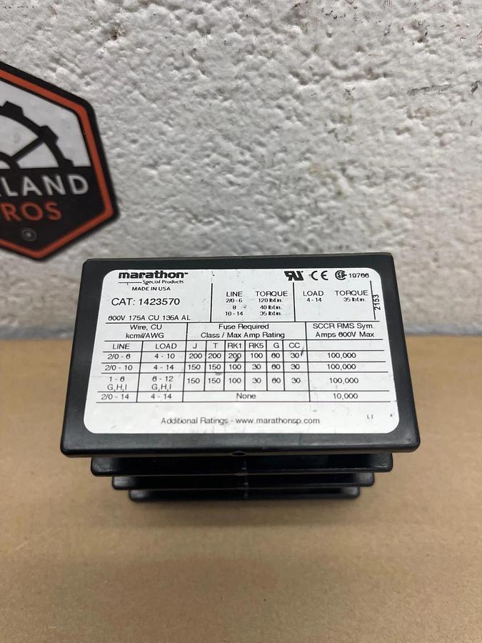 Used Marathon 1423570 Terminal Block, 600V, 175A CU 135A AL *NEW*