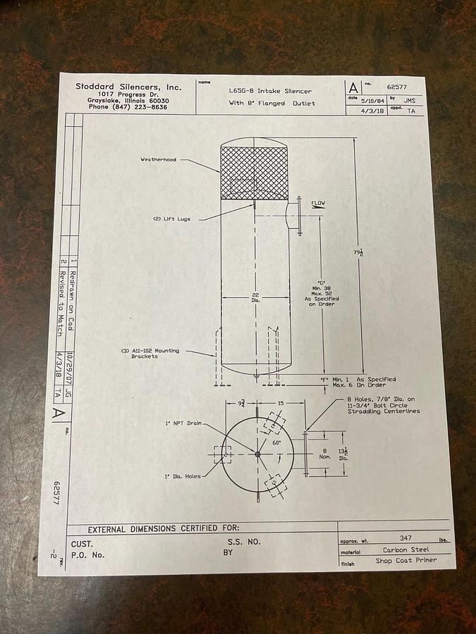 Used Stoddard Silencers L65G-8 Intake Silencer w/ Original Drawing