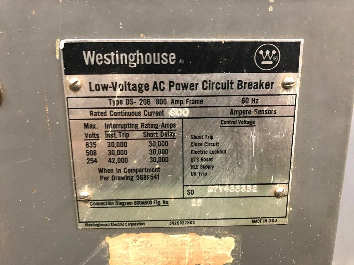 Used Westinghouse DS-206 Low-Voltage AC Power Circuit Breaker, 800 Amp Frame, 60 Hz