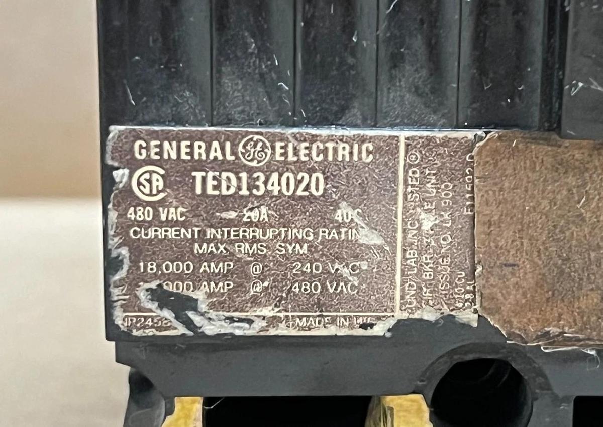 Used General Electric TED134020 20A, 480VAC Circuit Breaker