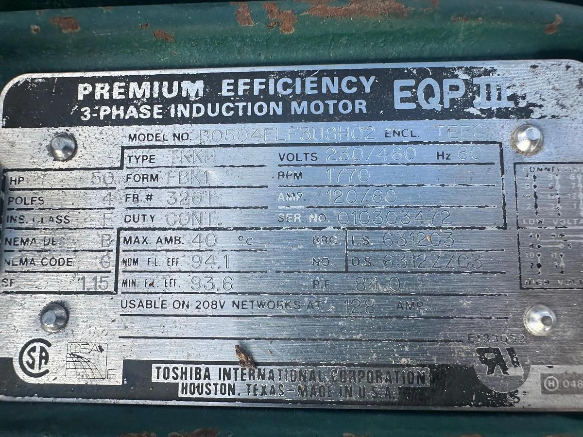 Used Toshiba B0504FLF3USH02 50Hp Motor @ 1770Rpm, 3 Phase, 230/460v, 60Hz