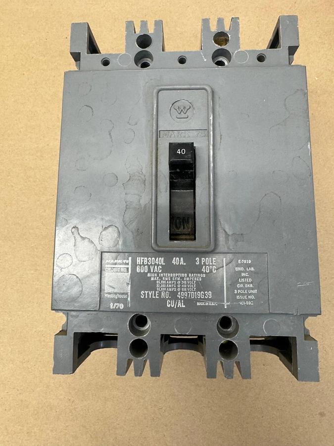 Used Westinghouse HFB3040L Circuit Protector, 40 A, 3 Pole, 600 VAC