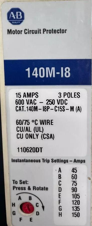 Used Allen Bradley 140M-I8 Motor Circuit Protector, 15 Amps, 3 Poles, 600 VAC-250 VDC
