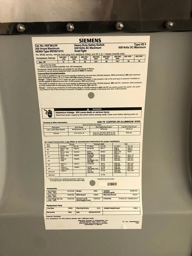 Siemens HNF364JW Heavy Duty Safety Switch, 200A 600VAC 600VDC *NEW*