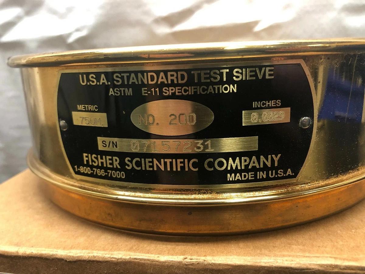 Used Fisher Scientific Brass Test Sieve, No. 200, Pore Size: 75 um, 8” Diameter