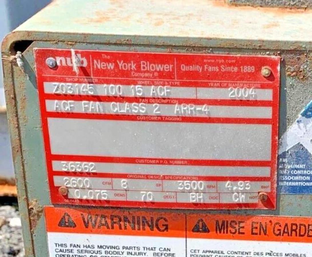 Used New York Blower (NYB) Size 15 ACF Fan, 2600 CFM @ 8" SP  w/ Baldor 5HP Motor