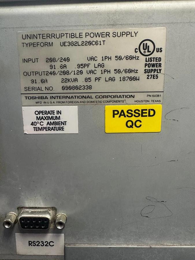 Used Toshiba UE3G2L220C61T Uninterruptible Power Supply 1600EP Series UPS 22KVA 91.6A