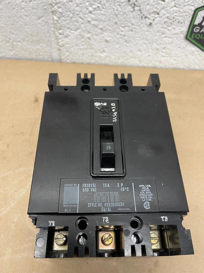 Used Westinghouse FB3015L Circuit Breaker, 15 A, 600 VAC, 3-Pole