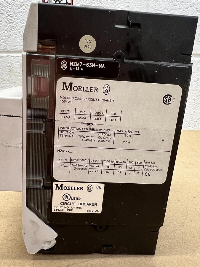 Used Moeller NZM7-63N-NA Molded Case Circuit Breaker, 240V, 600VAC 3 Pole