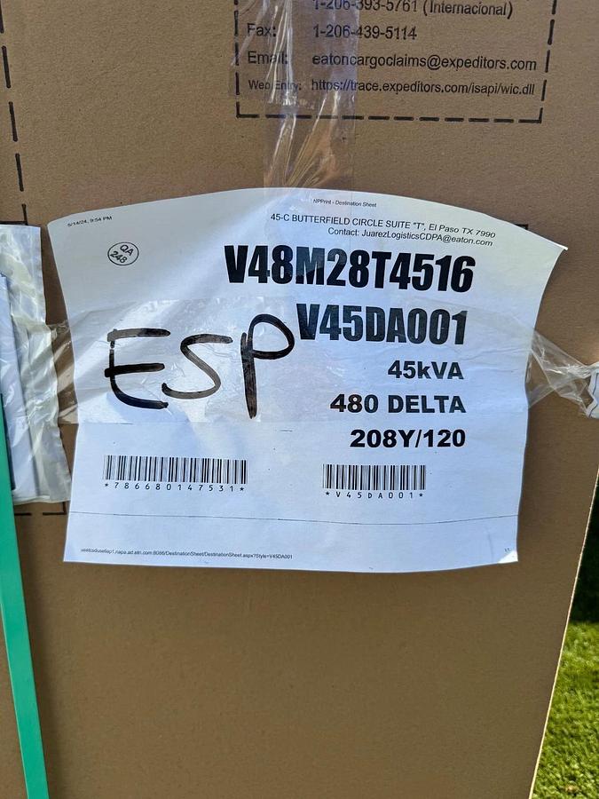 Used Eaton V48M28T4516 General Purpose Ventilated Transformer, 45kVA, V45DA001, 3 Ph