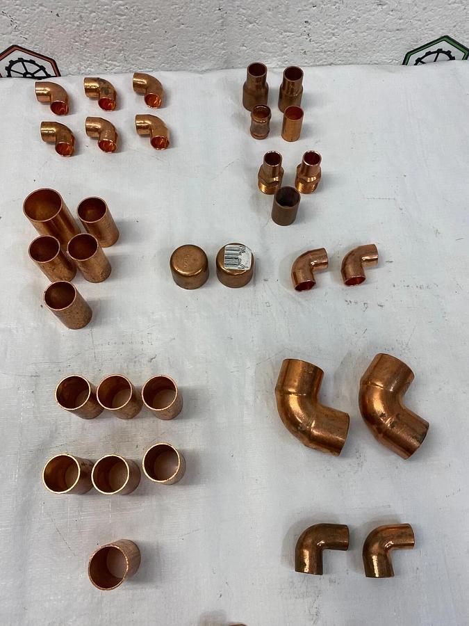 Used Nibco Lot of 41 Copper Fittings: Elbows Couplers T-Mount Piping Strap End Caps