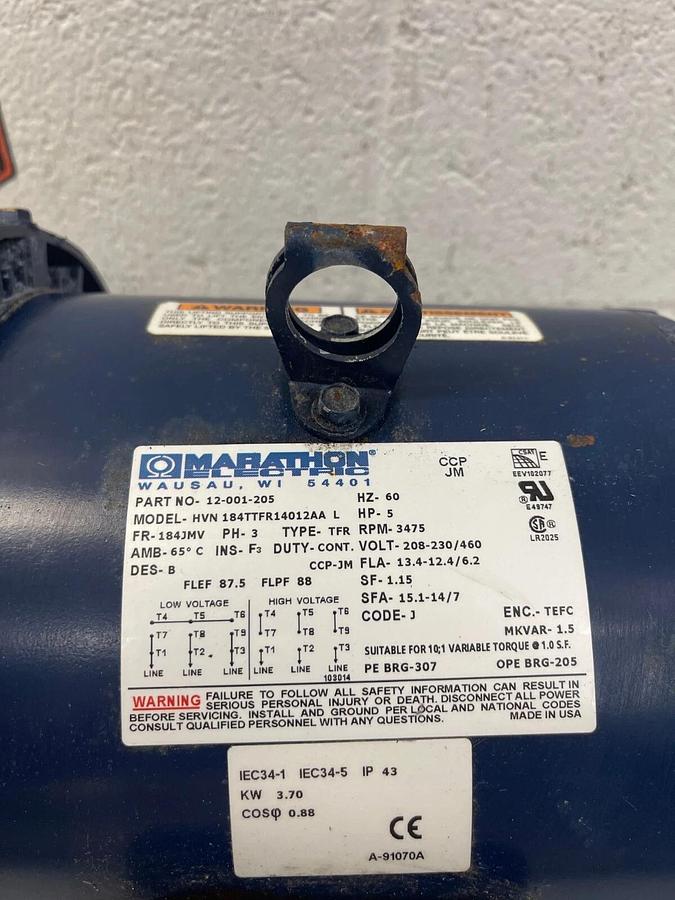 Used Marathon Electric HVN 184TTFR14012AA Motor 5 HP 60 Hz 3475 RPM 3-phase