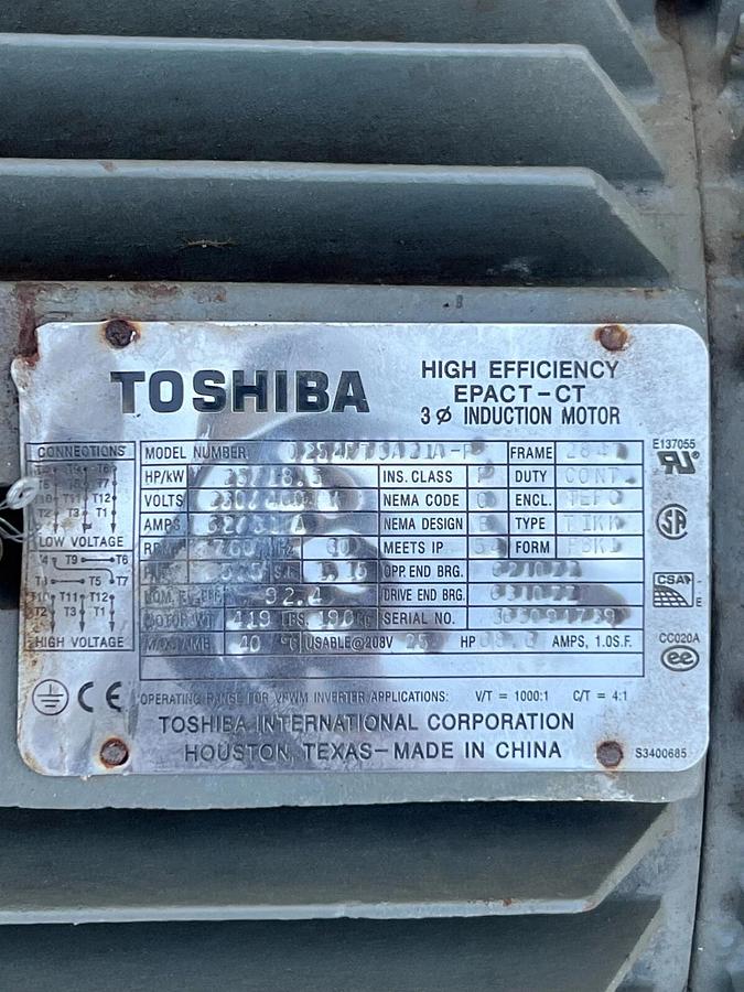 Used Toshiba 0254FTSA21A-P Hi Efficiency Motor Epact-CT 230/460V 18.5kw 25HP 1760RPM