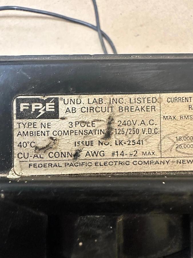 Used Federal Pacific Electric Company NE 50A 3 Pole Circuit Breaker