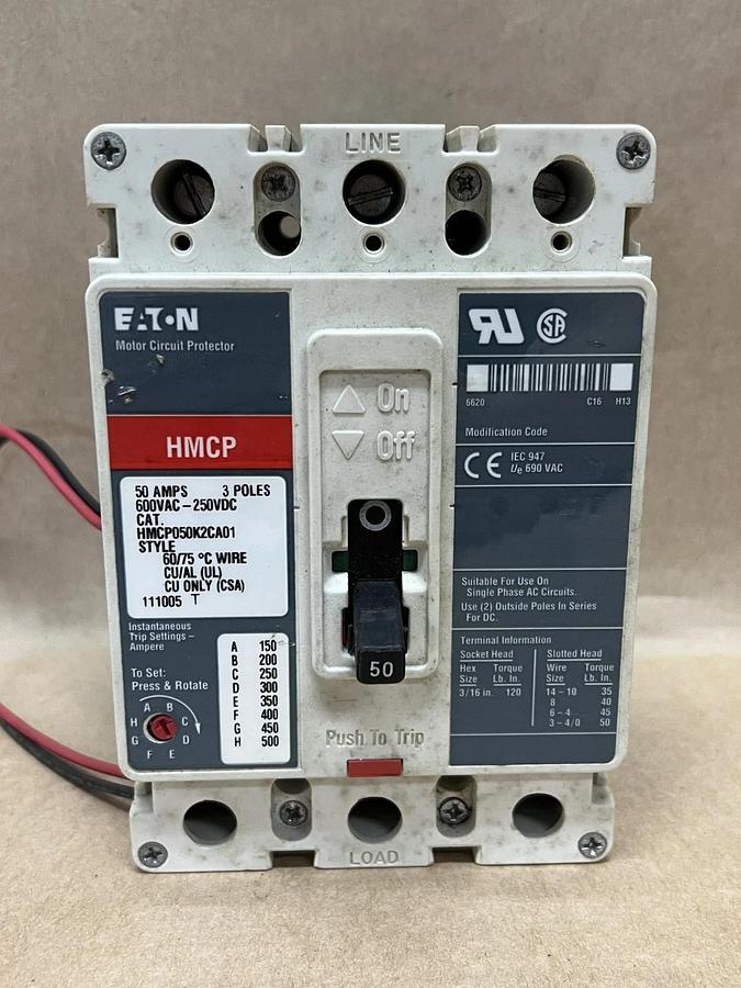Used Eaton HMCP050K2CA01 50A, 3 Pole Motor Circuit Protector
