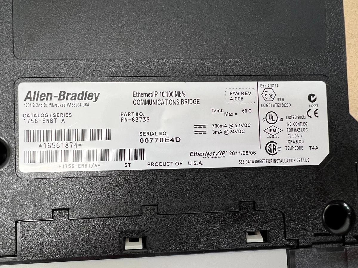 Used Allen Bradley 1756-ENBT Ser A Ethernet/IP 10/100 Mb/s Comm Bridge F/W 4.008