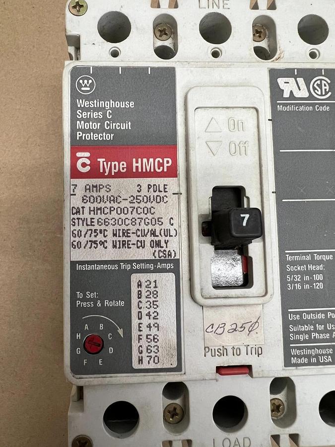 Used Cutler Hammer Eaton Westinghouse HMCP007C0C Series C Motor Circuit Protector