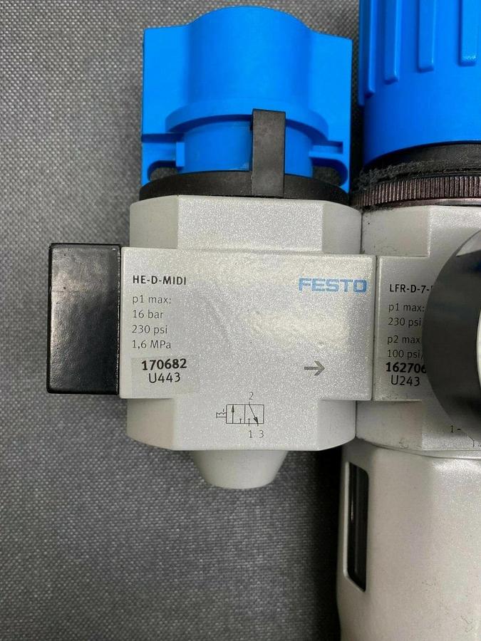 Used Festo LFR-D-7-MIDI Micro Filter w/ Regulator and 4 Additional Festo Attachments