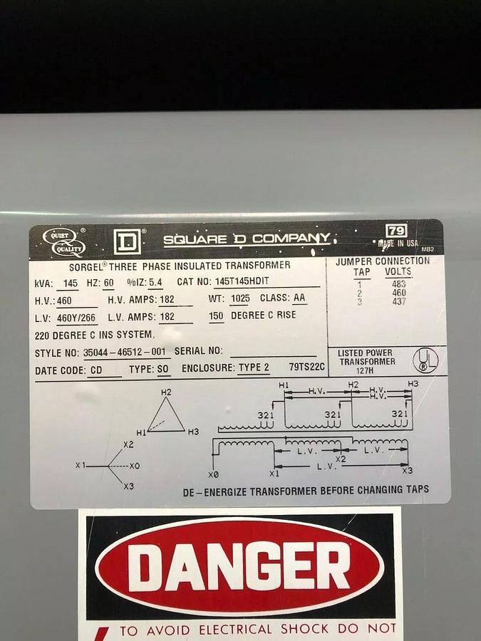 Used Square D 145T145HDIT, 145 kVA Transformer, 3 Phase, 460V