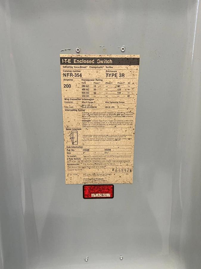 Used Siemens NFR354 Heavy Duty Vacu-Break Switch, 200Amps, 600V