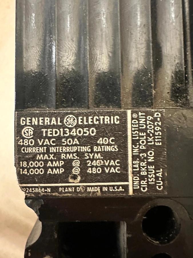 Used General Electric TED134050 50A 3 Pole Circuit Breaker