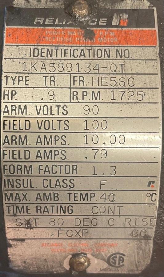 Used Reliance 1KA589134-QT Rectified Power Motor, 100 V, 1725 RPM, 1 HP, 3/4”