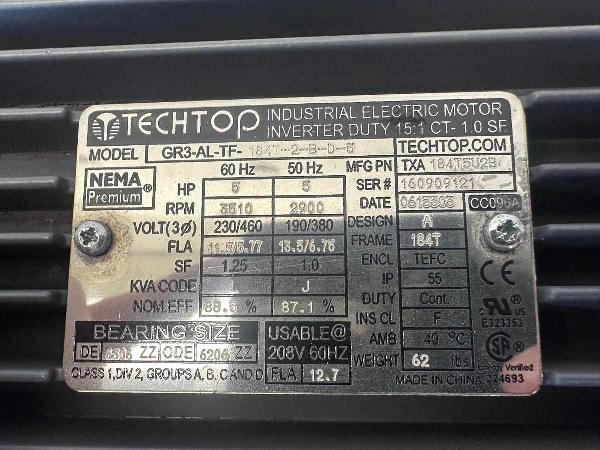 Used TechTop GR3-AL-TF-184T-2-B-D-5 5Hp Motor @ 3510Rpm