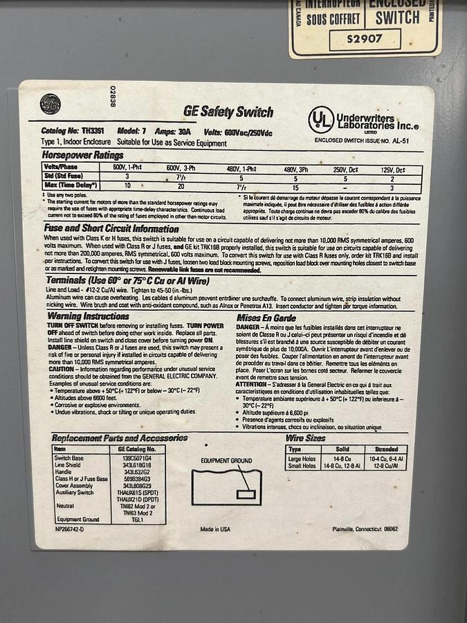 Used General Electric TH3351 Model 7, 30A, 600VAC/250VDC Enclosed Safety Switch