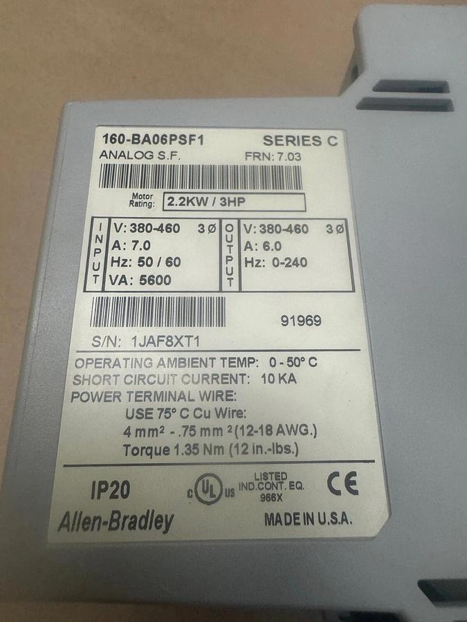 Used Allen Bradley 160-BA06PSF1 Analog S.F. Series C, 380/460V, 2.2kW/ 3 HP