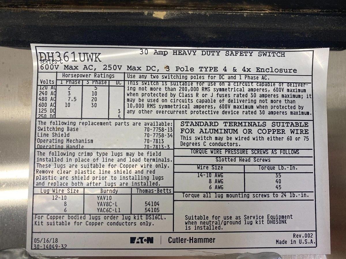 Used Eaton DH367UWK 30 Amp Heavy Duty Safety Switch 600v, 60Hz, 250v