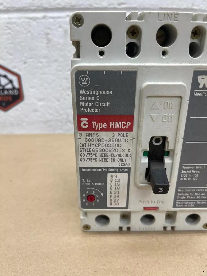 Used Westinghouse HMCP003A0C Motor Circuit Protector, Ser C, 3A, 3 Pole, 600VDC