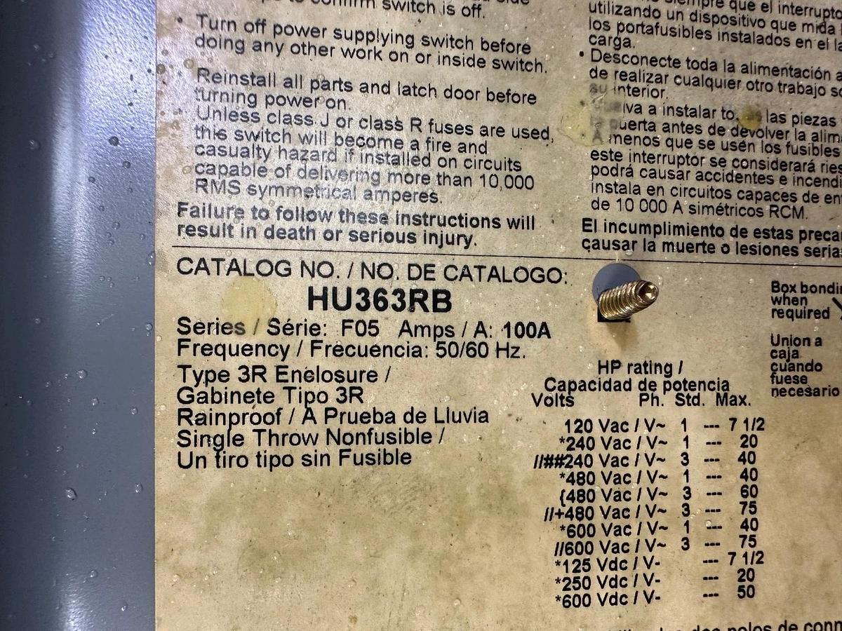 Used Square D HU363RB Disconnect Switch, 100A 600VAC Non Fused