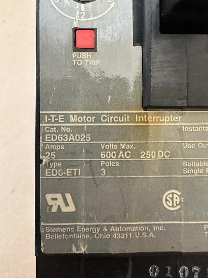 Used Siemens ED63A025 25A 3 Pole Circuit Breaker