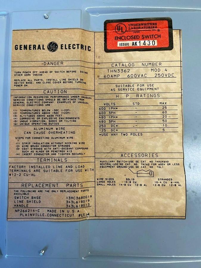 Used General Electric THN3362 MOD. 4 Heavy Duty Safety Switch, 60 Amp, 600VAC, 3-pole