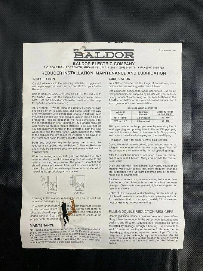 Used Baldor SVF258-15B-B Right Angle Worm Gear Speed Reducer, Ratio 15:1