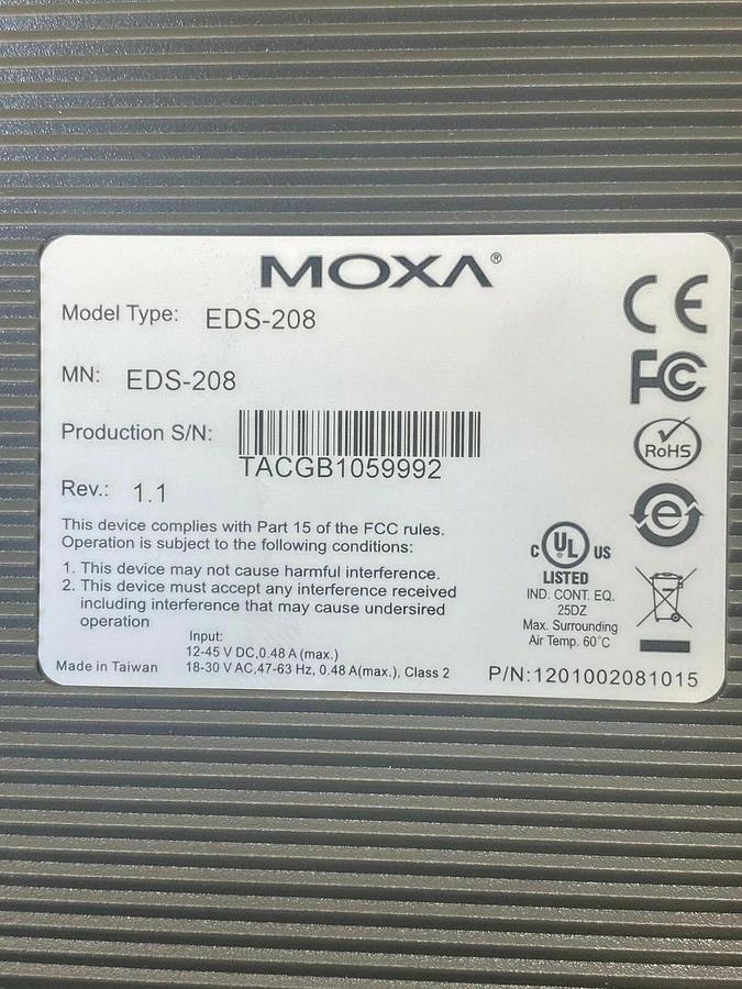 Used Moxa EDS-208 Entry-Level Unmanaged Ethernet Switch with 8 10/100 Baset X Ports