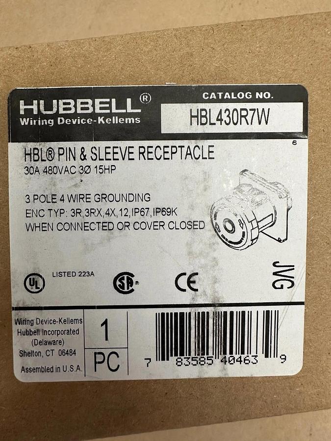 Used Hubbell HBL430R7W Pin and Sleeve Receptacle *NEW*