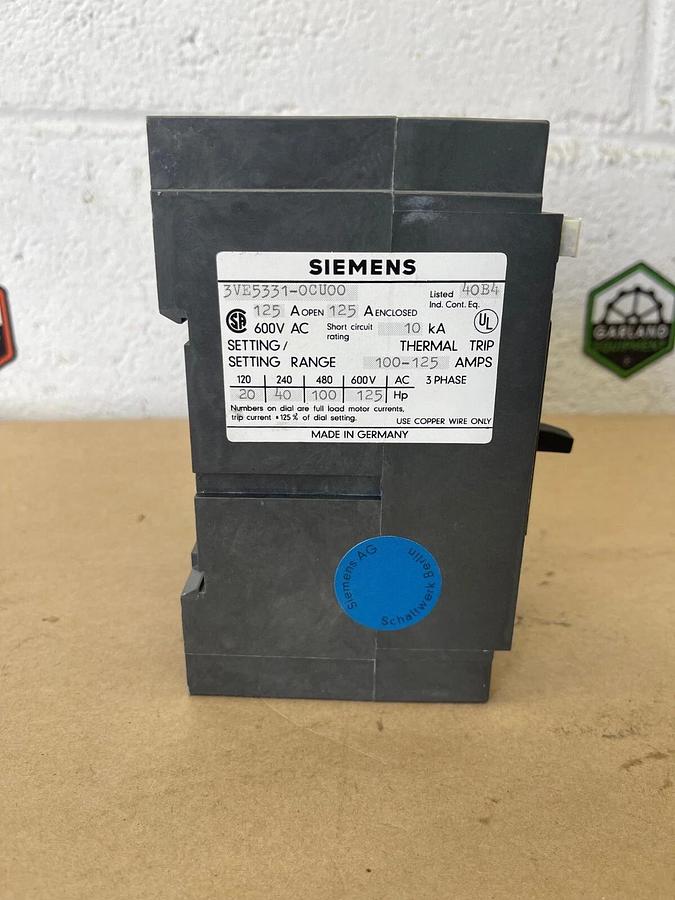 Used Siemens 3VE5331-0CU00 Circuit Breaker, 125 Amps, 600 VAC, 3 Phase