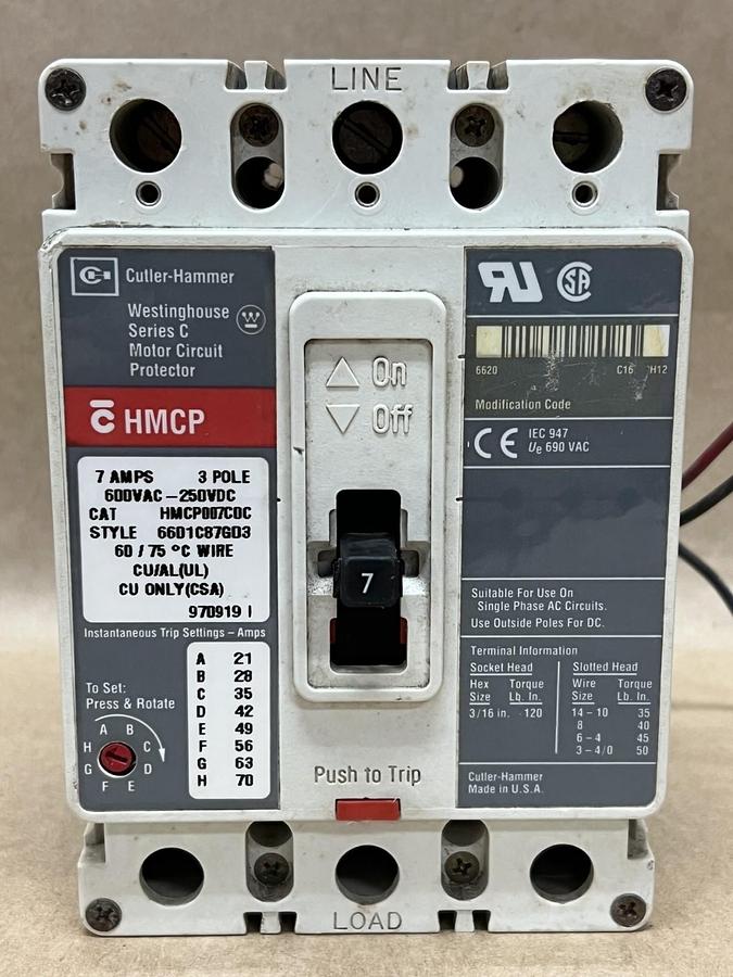 Used Cutler-Hammer/Westinghouse HMCP007C0C 7A, 3 Pole, Ser C Motor Circuit Protector