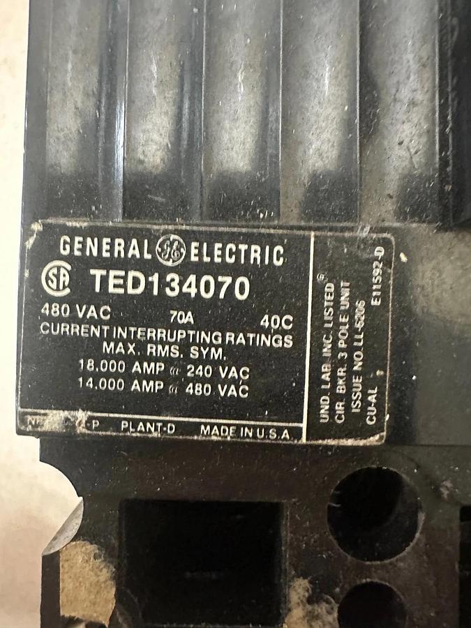 Used General Electric TED134070 70A 3 Pole Circuit Breaker