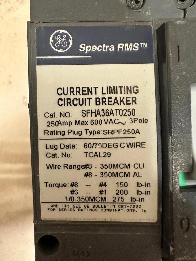 Used General Electric SFHA36AT0250 250A Current Limiting Circuit Breaker
