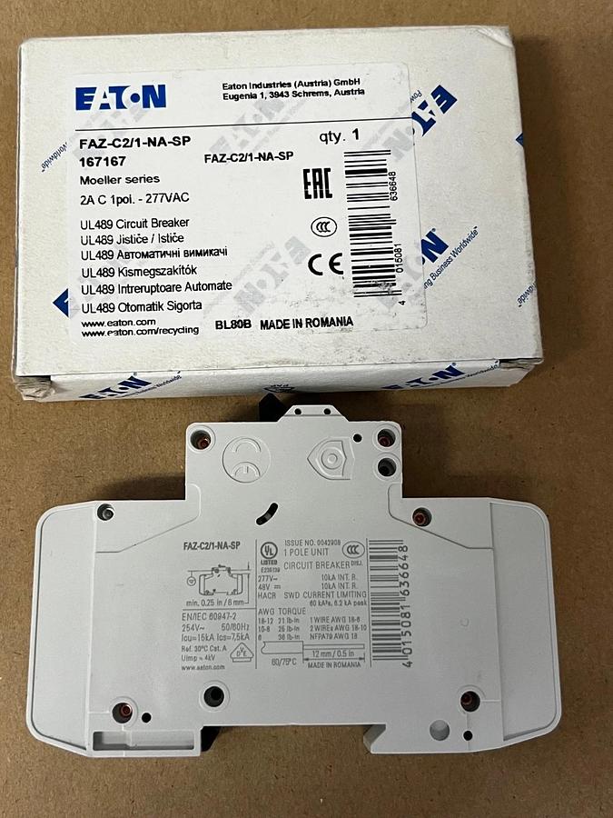 Used Eaton FAZ-C2/1-NA-SP Circuit Breaker 2A, 1 Pole 277VAC