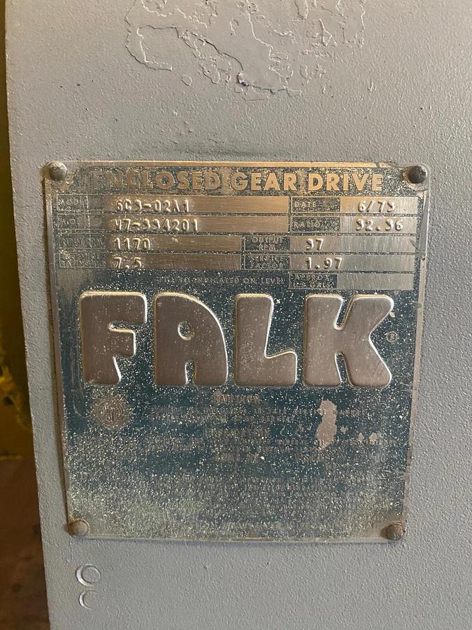 Used Falk 6C3-02A1 Gear Drive w/ Toshiba Motor 10HP, 1175 RPM. Service Factor 1.97