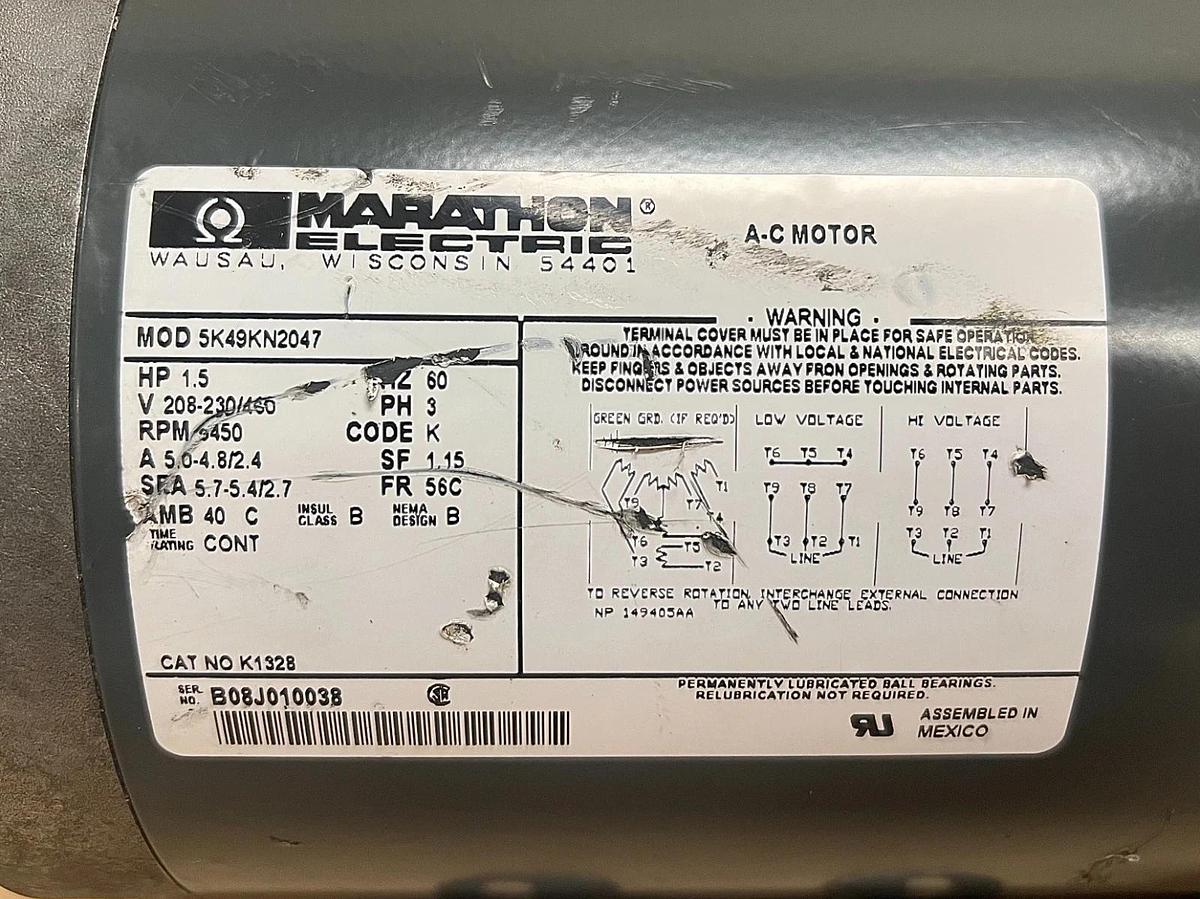 Used Marathon Electric 5K49KN2047 1.5Hp, 3Ph, 60Hz, 3450RPM, A-C Motor