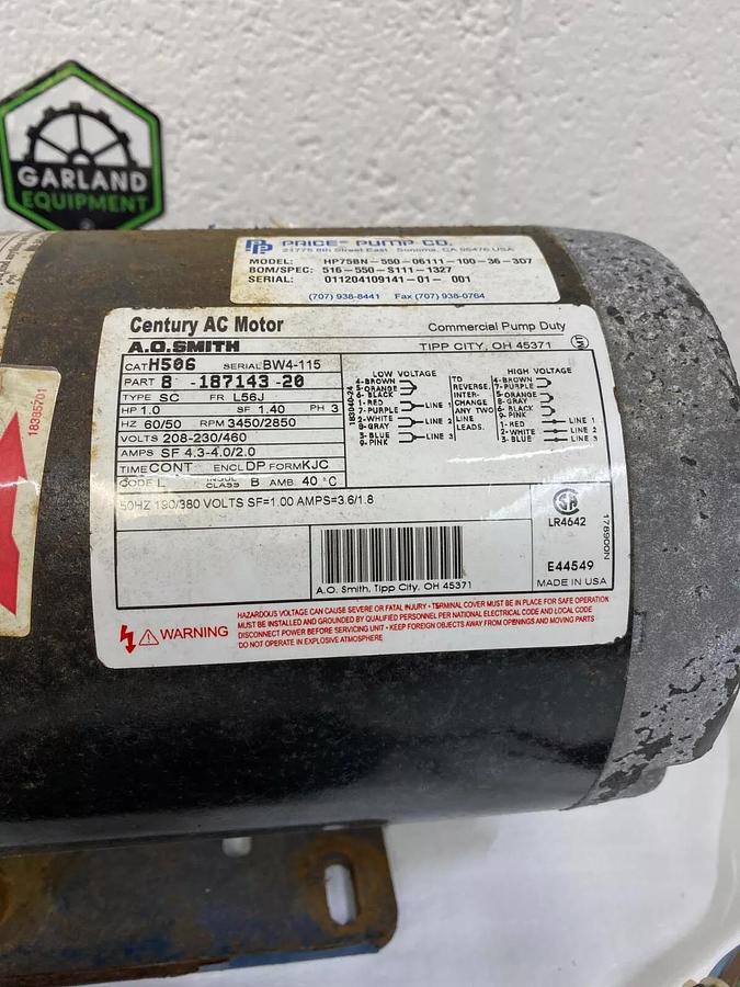 Used Price Pump Co. HP75BN-550-06111-100-36-3D7 Century AC Motor 1hp, 3ph, 50hz